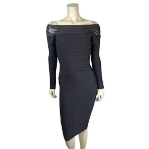 Herve Leger Long Sleeve Sequin Bandage Dress Size XS Candice Off Shoulder Gray